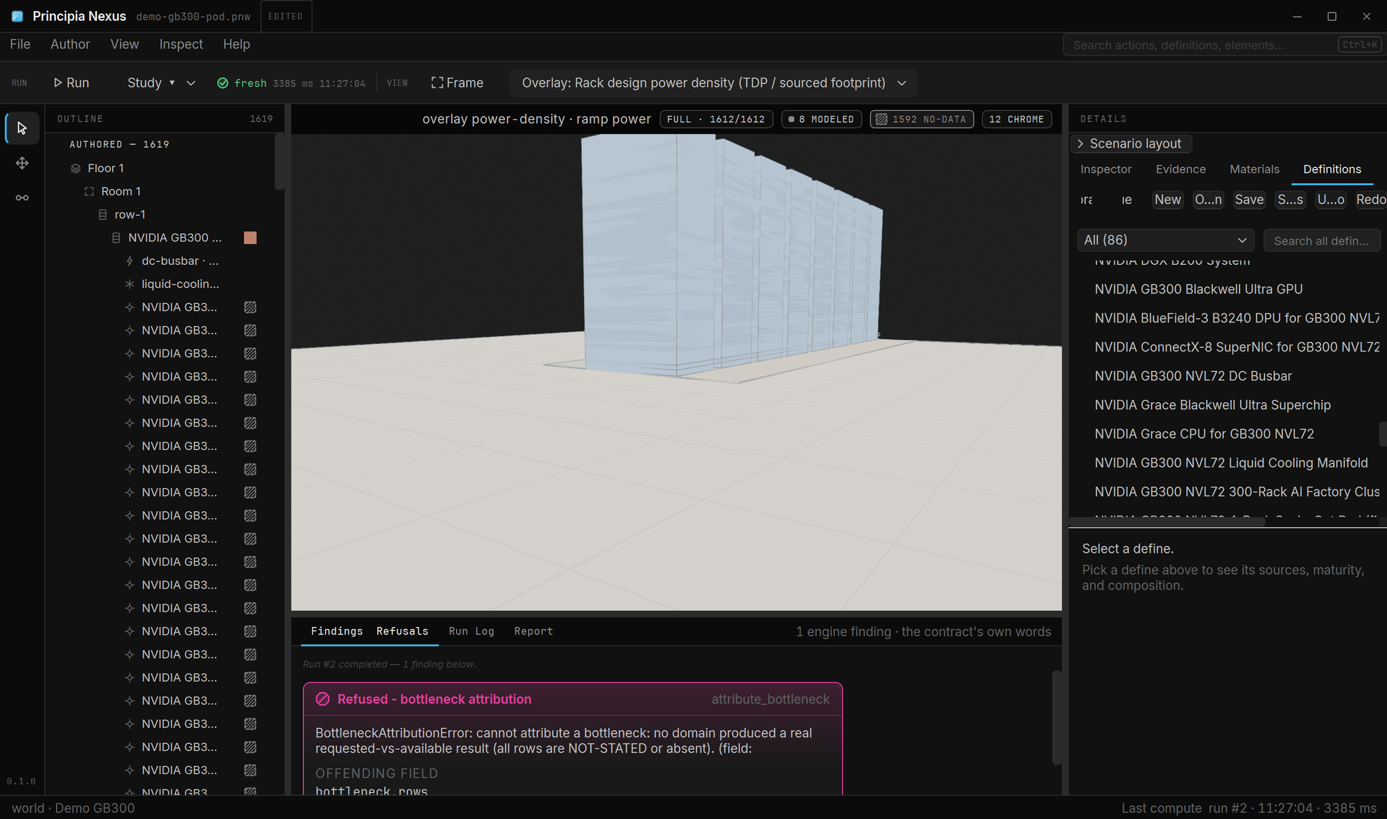 The Principia Nexus cockpit: an authored GB300 demo world in the outline and a rack row in the 3D viewport with a power-density overlay